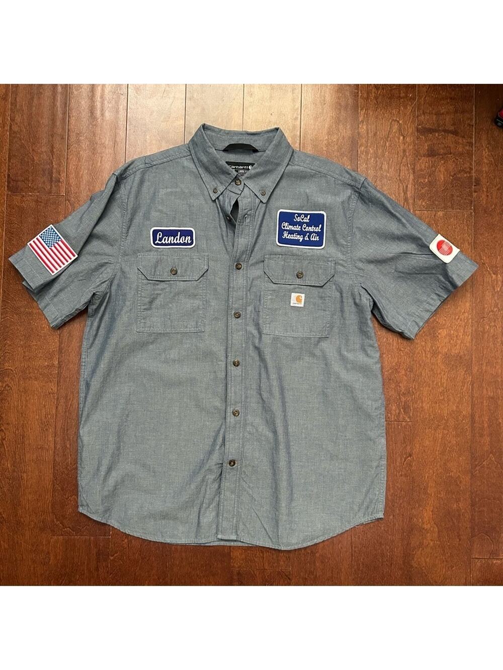 Carhartt Men's “Loose Fit” Blue Work Shirt, Lots of Patches, Size Large